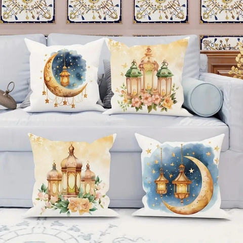 Ramadan Eid Mubarak Moon Star Lantern Linen Cushion Cover Watercolor Floral Decorative Pillow Case For Sofa Home Decor