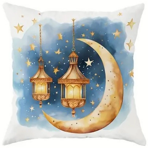 Ramadan Eid Mubarak Moon Star Lantern Linen Cushion Cover Watercolor Floral Decorative Pillow Case For Sofa Home Decor