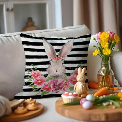 Easter Linen Pillowcase Stripe Rabbit Truck Printed Decorative Cushion Cover For Sofa Living Room Home Square Throw Pillow