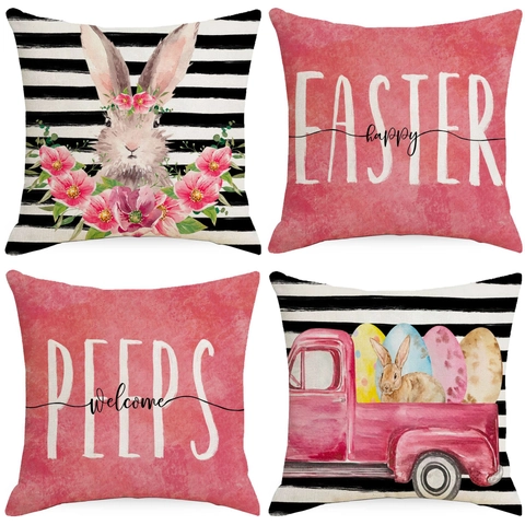 Easter Linen Pillowcase Stripe Rabbit Truck Printed Decorative Cushion Cover For Sofa Living Room Home Square Throw Pillow