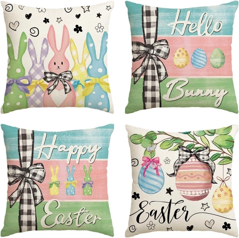 Paashaas Kleurrijke Eieren Bedrukte Linnen Kussensloop Lente Feestelijke Party Decor Sofa Sierkussenhoes Vierkant