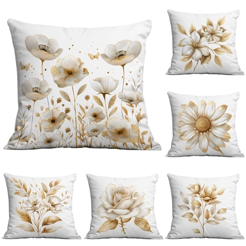 Funda de Almohada Moderna Minimalista Blanco Oro Estampado Floral Poliéster Funda de Cojín Decorativa Para Sofá Sala de Estar