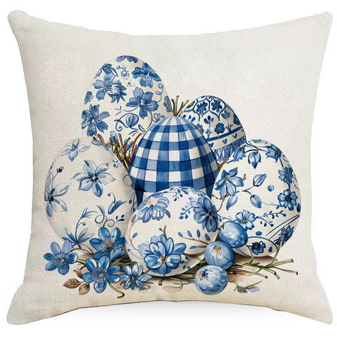 Federa per Cuscino Pasquale a Quadretti Blu Coniglietto Camion Floreale Lino Decorativo per Divano di Casa