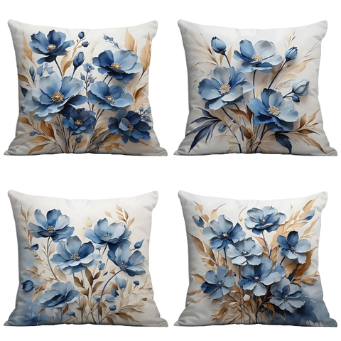3D Blauwe Bloemen Decoratieve Kussensloop Kort Pluche Vierkante Kussenhoes Artistieke Bloem Bedrukt Zonder Vulling Home Decor
