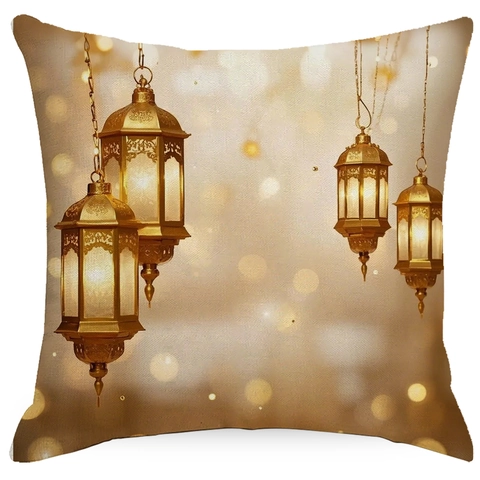 Linen Ramadan Moon Lantern Print Square Pillow Case Ethnic Style Gold Decorative Throw Cushion Cover For Sofa Living Room