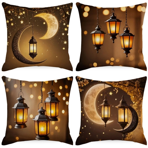 Goldener Mond Laterne Ramadan Kissenbezug Ethno Leinen Quadratischer Kissenbezug Für Sofa Wohnzimmer Home Deko Kissenbezug
