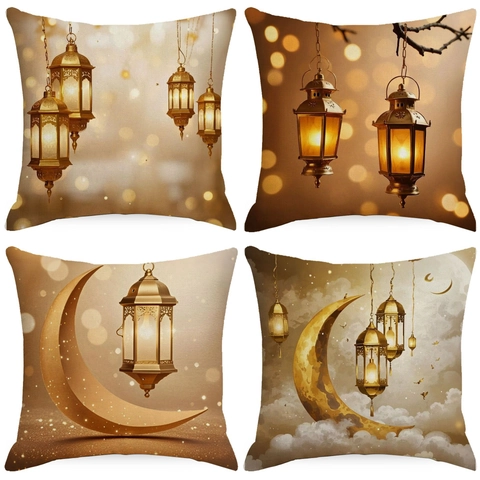 Linen Ramadan Moon Lantern Print Square Pillow Case Ethnic Style Gold Decorative Throw Cushion Cover For Sofa Living Room
