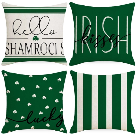 Linen St Patricks Day Pillowcase Shamrock Stripe Irish Kisses Decorative Throw Cushion Cover For Sofa Living Room Home Decor