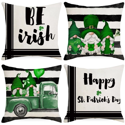 St Patrick Day Kussenslopen Linnen Kussenhoes Gelukkige Groene Kabouter Klaver Truck Bedrukt Iers Festival Boerderij Thuis Bank Decor