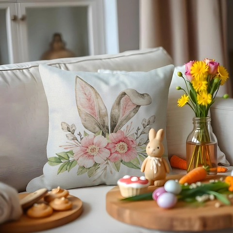 Easter Rabbit Linen Cushion Cover Watercolor Floral Plaid Pattern Decorative Throw Pillowcase For Living Room Home Decor