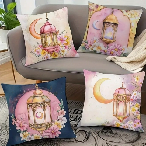 Linen Ramadan Cushion Cover Ethnic Moon Lantern Floral Watercolor Decorative Pillowcase For Sofa Living Room Home Decor