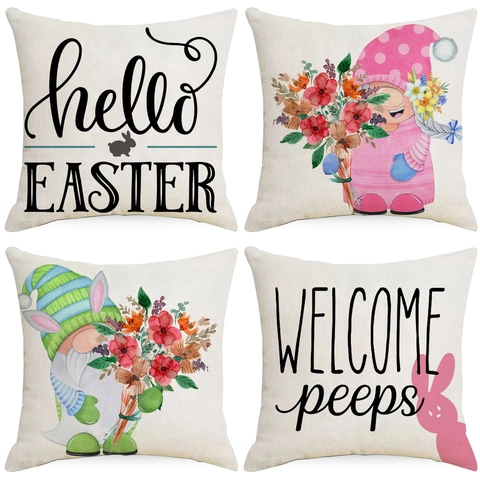 Easter Floral Cushion Cover Linen Decorative Pillow Case With Gnome Bunny Print For Home Sofa Living Room Bedroom Decor
