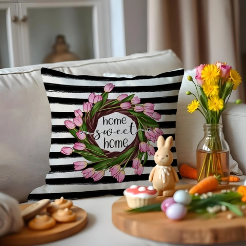 Ostern Leinen Kissenbezug Gestreifte Tulpe Home Sweet Home Muster Kissenhülle Festliche Zuhause Wohnzimmer Sofa Deko