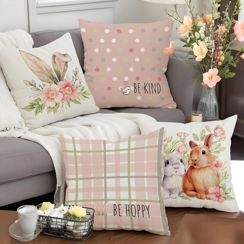 Easter Rabbit Linen Cushion Cover Watercolor Floral Plaid Pattern Decorative Throw Pillowcase For Living Room Home Decor