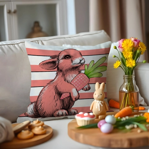 Easter Pillow Case Pink Bunny Gnome Print Decorative Linen Throw Cushion Cover For Sofa Living Room Home Festive Party Decor