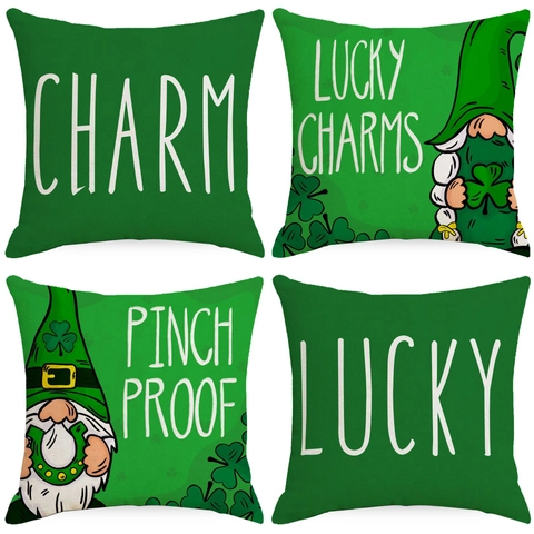 St. Patrick's Day Kissenbezug Leinen Kleeblatt Wichtel Dekorativer Kissenhülle Heimtextilien Glück Quadratischer Kissenbezug