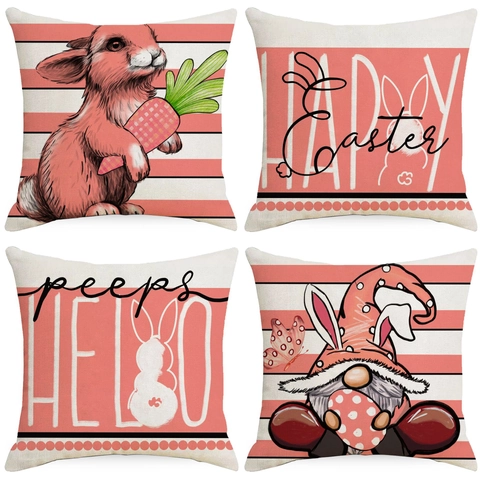 Easter Pillow Case Pink Bunny Gnome Print Decorative Linen Throw Cushion Cover For Sofa Living Room Home Festive Party Decor