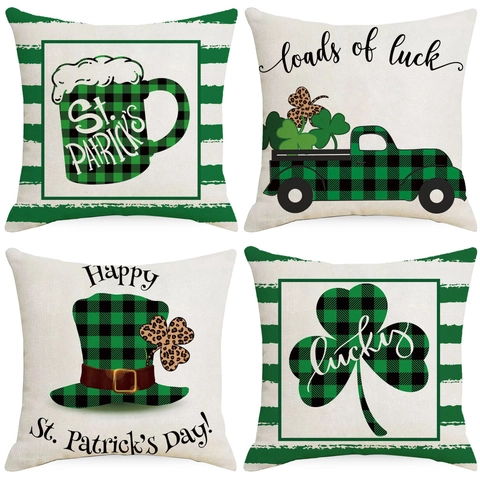 Funda de Almohada Día de San Patricio Lino Cuadros Buffalo Trébol Camión Funda de Cojín Decorativa para Sofá Hogar
