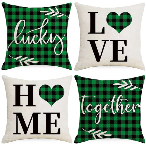 St Patricks Day Deko Kissenbezug Leinen Karomuster Lucky Love Home Together Quadratischer Kissenhülle Heimdekoration