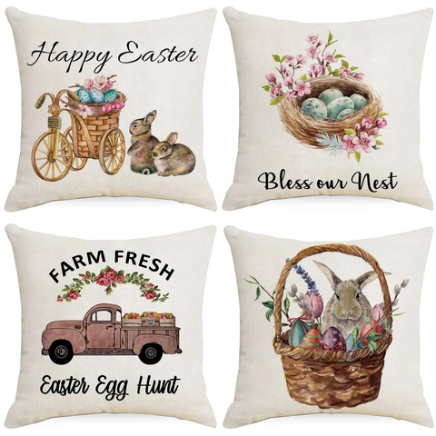 Easter Linen Pillowcase Bunny Easter Egg Truck Pattern Printed Decorative Cushion Cover For Living Room Sofa Home Decor