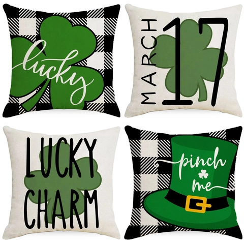 Federa per Cuscino di San Patrizio in Peluche Corto Trifoglio Plaid Buffalo Lucky Charm Copricuscino per Divano Casa