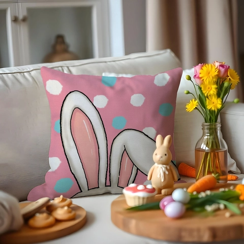 Linen Easter Bunny Pillow Case Decorative Throw Cushion Cover Easter Wishes Bunny Kisses Print For Sofa Living Room Home Decor