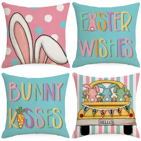 Linen Easter Bunny Pillow Case Decorative Throw Cushion Cover Easter Wishes Bunny Kisses Print For Sofa Living Room Home Decor