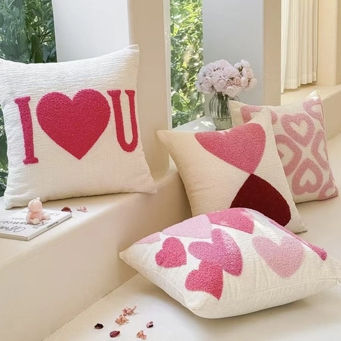 Valentine's Day Embroidered Heart Pillowcase Tufted Love Heart Cushion Cover For Sofa Bed Living Room Home Decor
