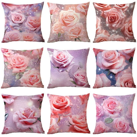 Funda de Almohada Decorativa Rosa Floral Felpa Corta Súper Suave Funda de Cojín Cuadrada Para Sofá Sala Estar Estampado Romántico Decoración Hogar