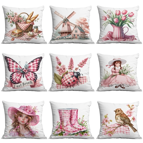 Vintage Bauernhaus Frühling Pink Floral Schmetterling Gingham Druck Kissenbezug Kurzplüsch Deko Kissenhülle Sofa Wohnzimmer Home Decor