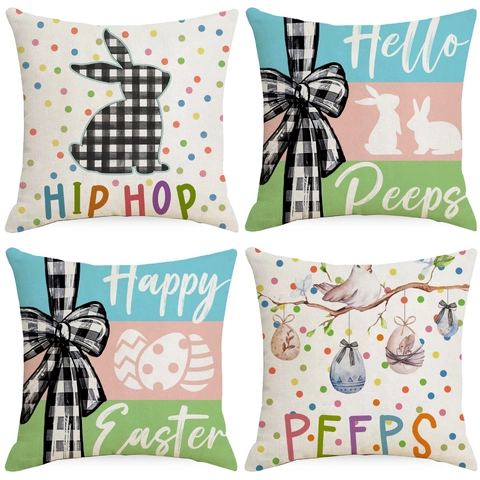 Easter Linen Throw Pillow Case Decorative Rabbit Egg Pattern Cushion Cover For Living Room Sofa Home Decor Square 45x45cm