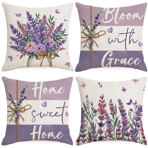 Funda de Almohada de Lino Lavanda de Primavera Cuadrada Funda de Cojín Decorativa Flores Mariposa Para Sofá Decoración Hogar Salón