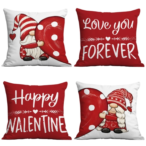Funda de Almohada de Felpa Corta de San Valentín Gnomo Corazón Letra Impresión Funda de Cojín para Sofá Decoración