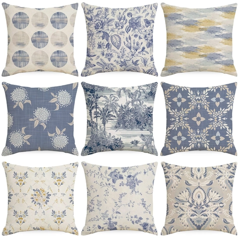 Nieuwe Chinese Stijl Linnen Kussensloop Blauw Wit Bloemen Tropische Palmboom Geometrisch Patroon Bank Sierkussenhoes