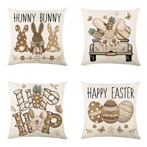 Easter Linen Pillowcase Retro Rabbit Egg Truck Print Decorative Throw Pillow Cover For Sofa Living Room Bedroom