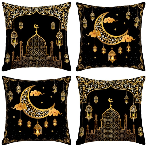 Ramadan Moon Star Mosque Pattern Linen Pillowcase Black Gold Luxury Islamic Eid Mubarak Cushion Cover For Sofa Decor