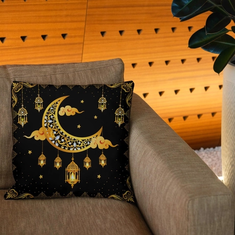 Ramadan Moon Star Mosque Pattern Linen Pillowcase Black Gold Luxury Islamic Eid Mubarak Cushion Cover For Sofa Decor