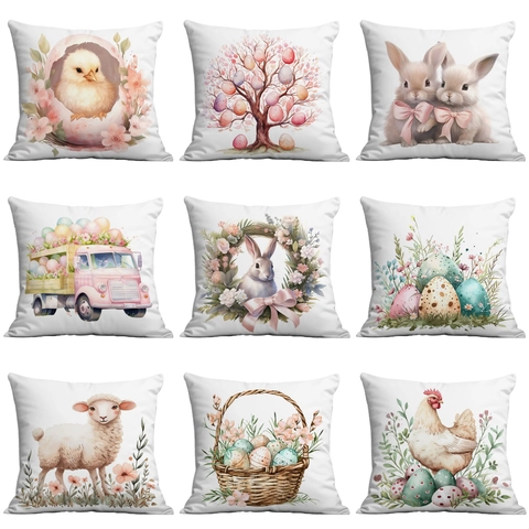 Taie d'Oreiller de Pâques Dessin Animé Rural Lapin Oeuf de Pâques Décorative Carrée en Peluche Courte pour Canapé Maison