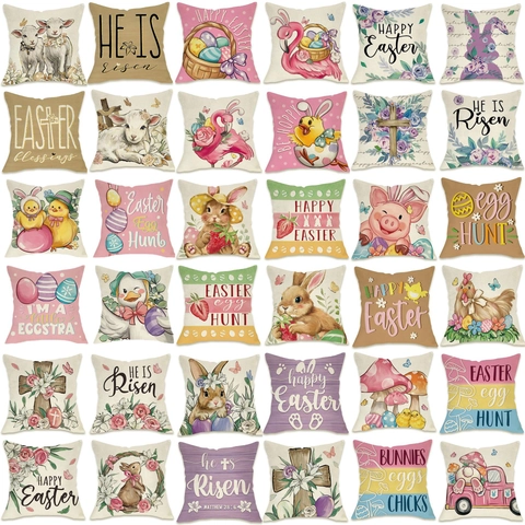Easter Bunny Egg Hunt Linen Pillowcase Decorative Throw Cushion Cover For Sofa Home Living Room Holiday Party Decor