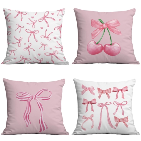 Pink Bowknot Watercolor Cushion Cover Soft Short Plush Decorative Pillowcase For Living Room Bedroom Sofa Home Decor