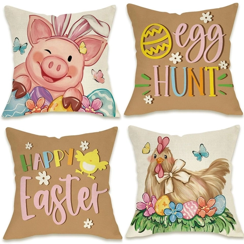 Easter Bunny Egg Hunt Linen Pillowcase Decorative Throw Cushion Cover For Sofa Home Living Room Holiday Party Decor