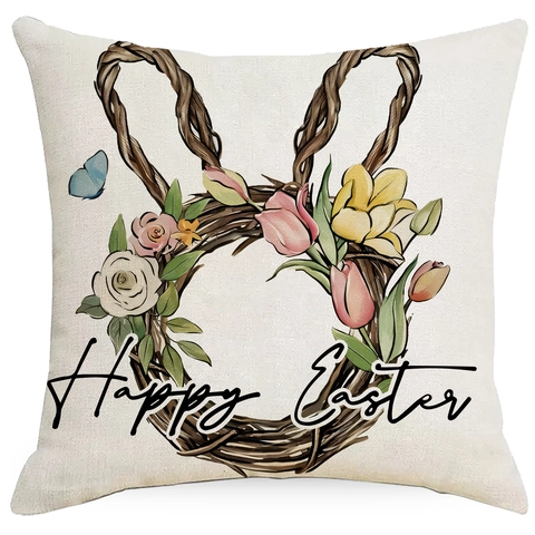 Ostern Hase Happy Easter Ei Leinen Kissenbezug Floral Tulpe Dekorativ Quadratisch Kissenhülle Für Zuhause Wohnzimmer