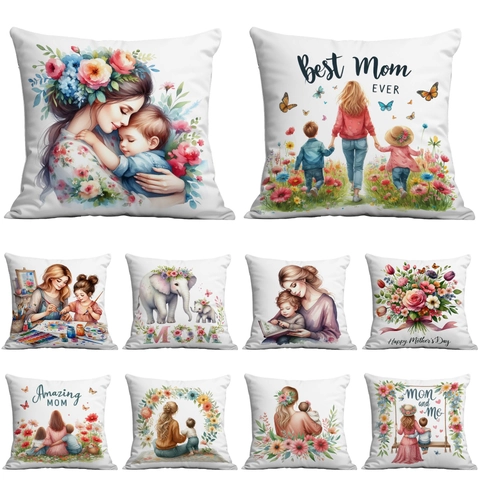 Mother's Day Floral Watercolor Throw Pillowcase Polyester Decorative Cushion Cover Square Sofa Home Decoration Gift For Mom