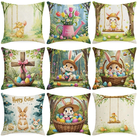 Easter Pillowcase Linen Watercolor Rabbit Eggs Flower Throw Cushion Cover Home Sofa Decorative Square Case No Insert