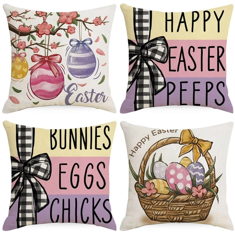 Housse de Coussin de Pâques en Lin Carrée Avec Motifs d'Œufs et Lapin Taie d'Oreiller Décorative pour Canapé Salon 45x45cm