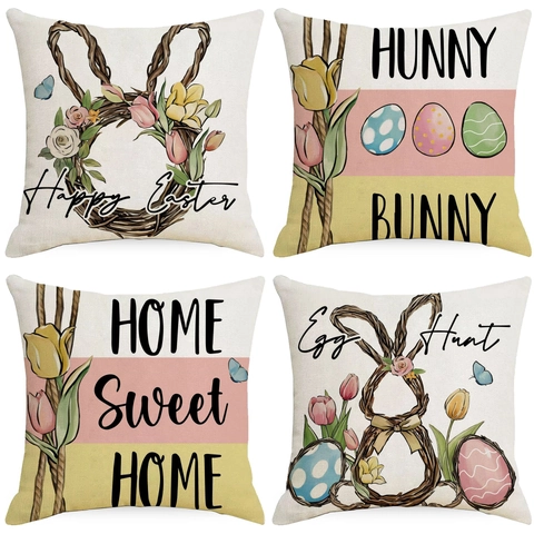 Ostern Hase Happy Easter Ei Leinen Kissenbezug Floral Tulpe Dekorativ Quadratisch Kissenhülle Für Zuhause Wohnzimmer