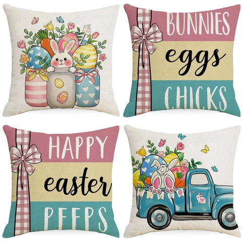 Fodera per Cuscino in Lino di Pasqua Coniglio Uova Camion Vintage Stampato Quadrato Copricuscino Decorativo per Soggiorno Divano Casa
