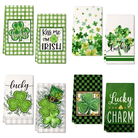 St Patrick's Day Microfiber Kitchen Towels Green Shamrock Gnome Printed Absorbent Dish Cloths Lucky Irish Festival Decor Towel