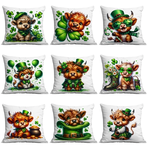 St. Patricks Day Hochlandrind Kissenbezug Grünes Kleeblatt Leprechaun Hut Süßer Cartoon Tierdruck Kissenhülle Home Decor