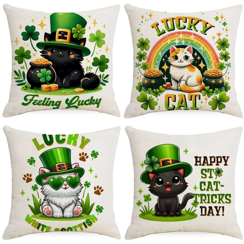 St Patricks Day Leinen Kopfkissenbezug Glückskatze Kleeblatt Regenbogen Muster Dekorativer Kissenbezug Für Wohnzimmer Deko